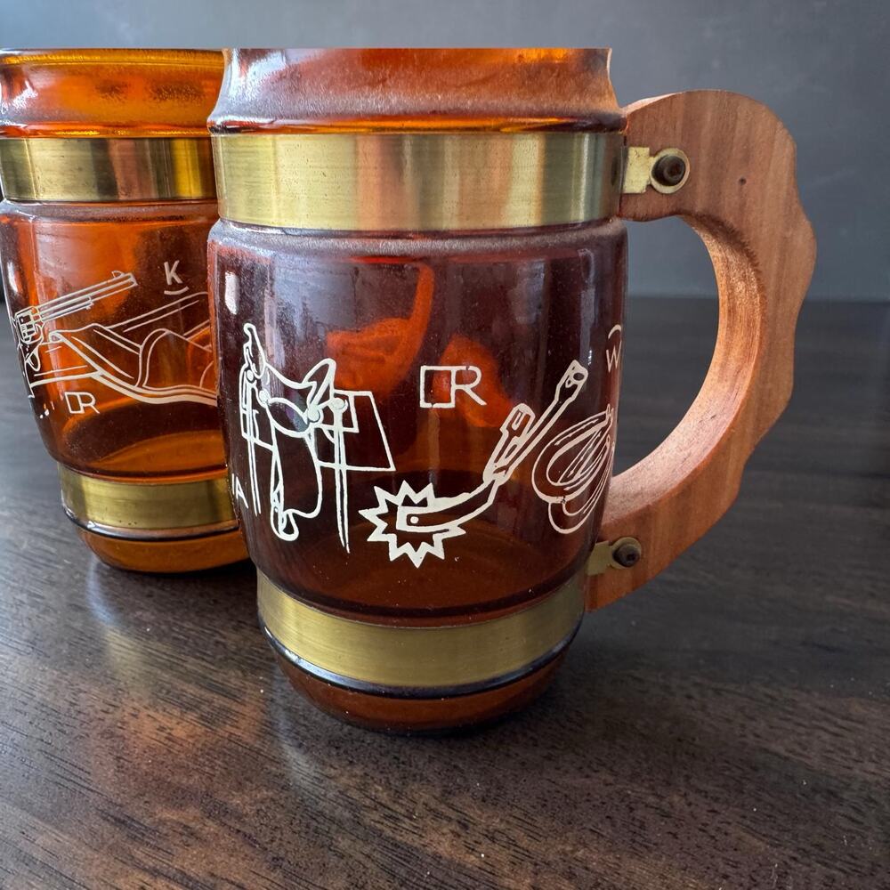 Vintage Siesta Ware Western Cowboy Amber Glass Barrel Beer Mugs Set of 2 1960s